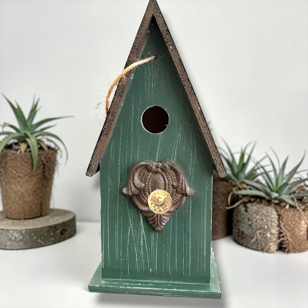 Rustic Green Wooden Birdhouse with Heart Metal Filigree and Glass Knob Decor